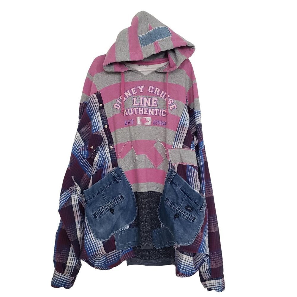 Upcycled Disney Cruise Line Hoodie Patchwork Stripe Denim Pockets Women One Size